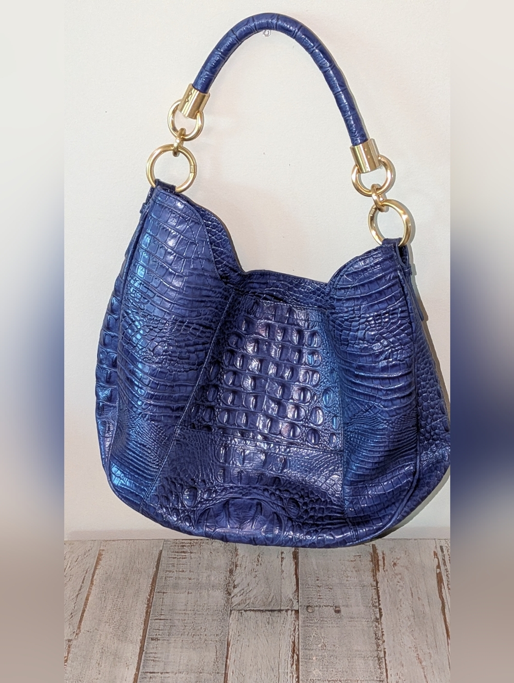 Brahmin Navy Blue Croc-Embossed Shoulder Bag with Gold Hardware - Picture 4 of 9